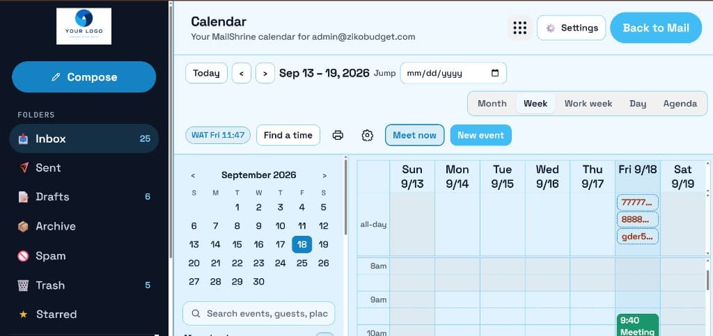 MailShrine Calendar with the company logo in the left sidebar