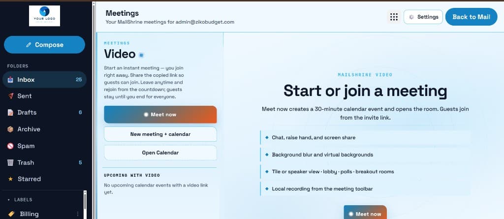 MailShrine Meetings with the company logo in the left sidebar