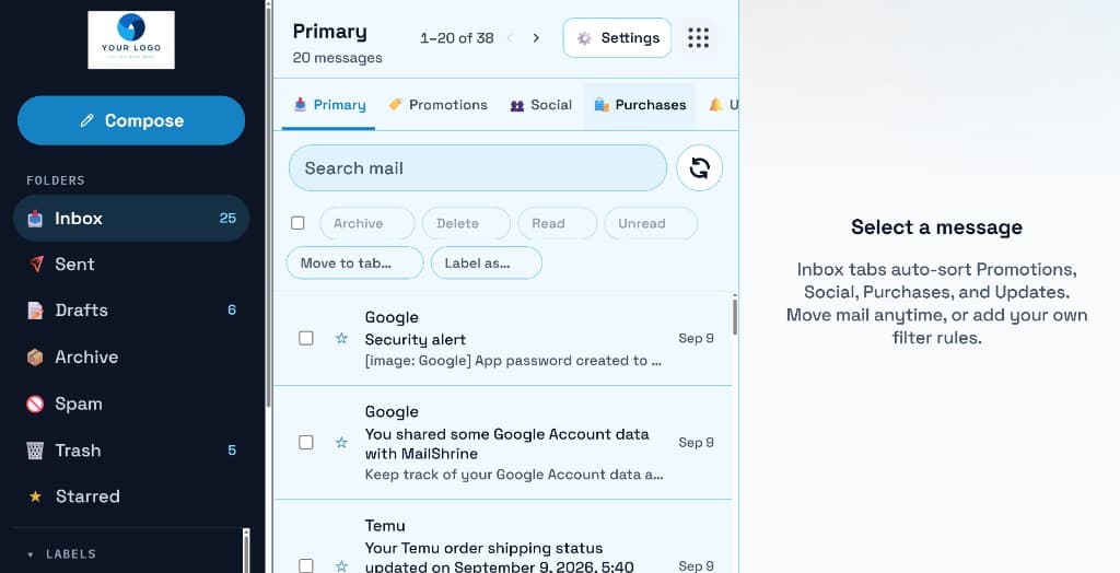 MailShrine webmail with a company logo in the sidebar instead of the MailShrine mark
