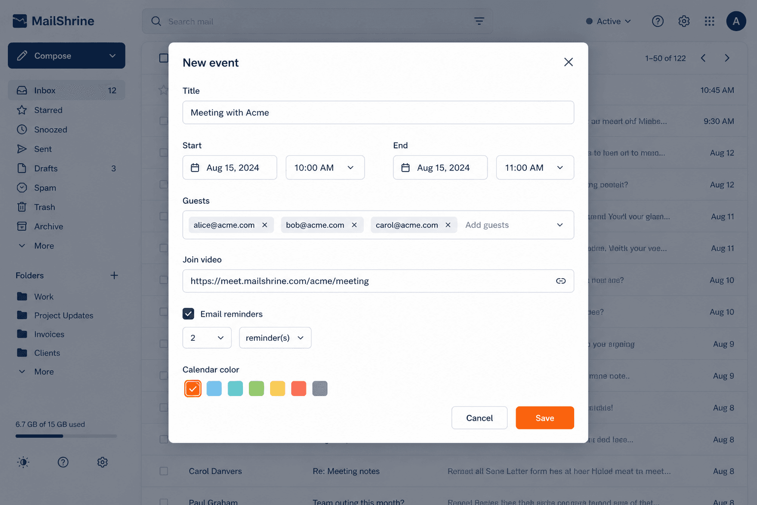 MailShrine create-event modal with guests, video link, reminders, and color