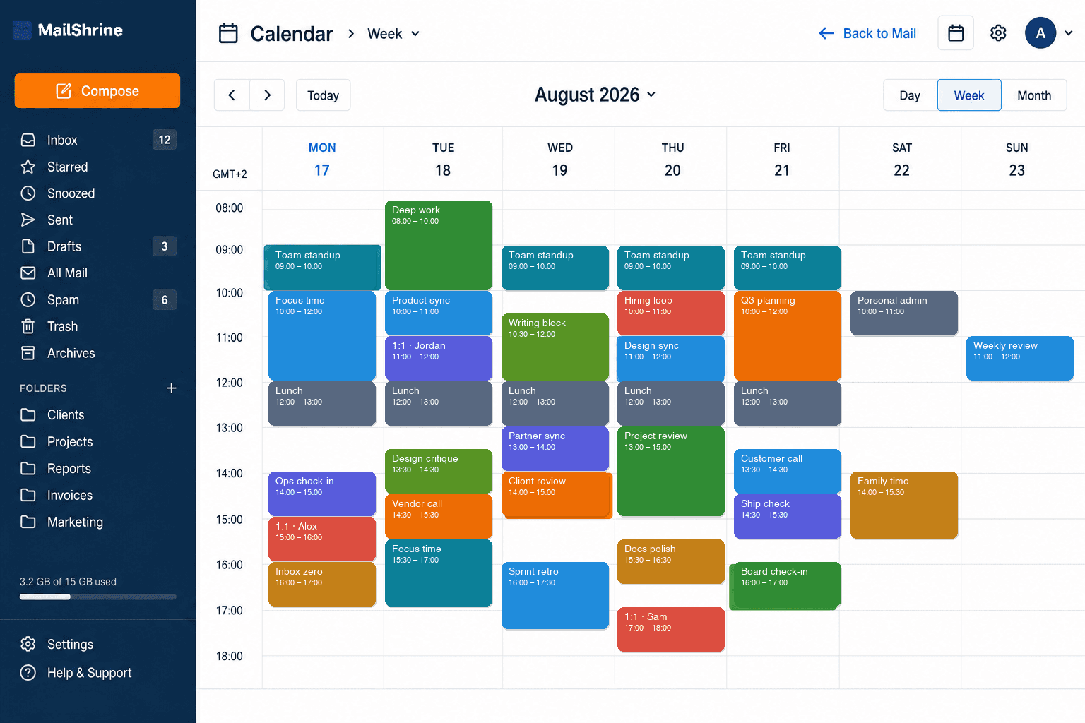 MailShrine Calendar week view beside the inbox with a color-coded schedule