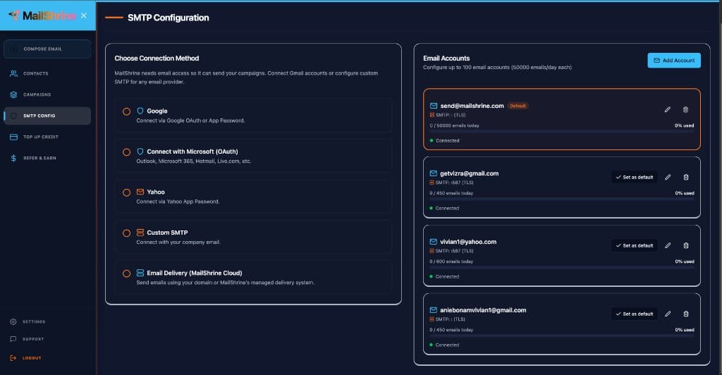 MailShrine SMTP and mailbox connection settings