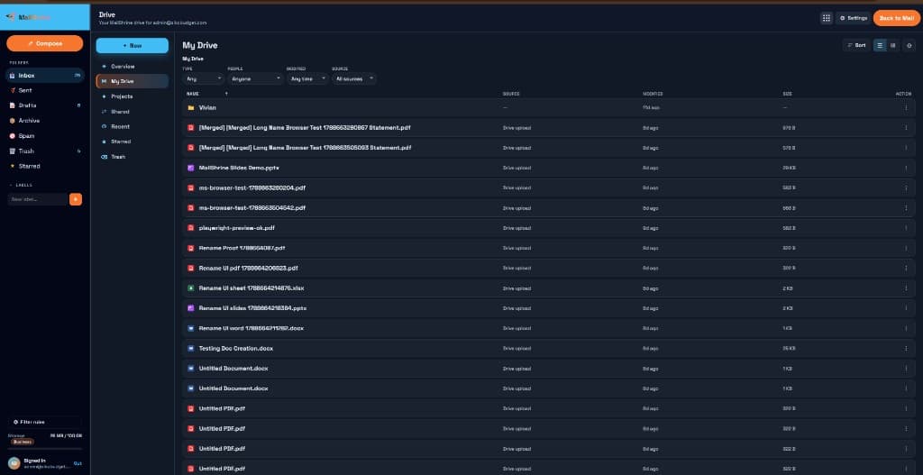 MailShrine Drive file list in webmail showing files next to mail