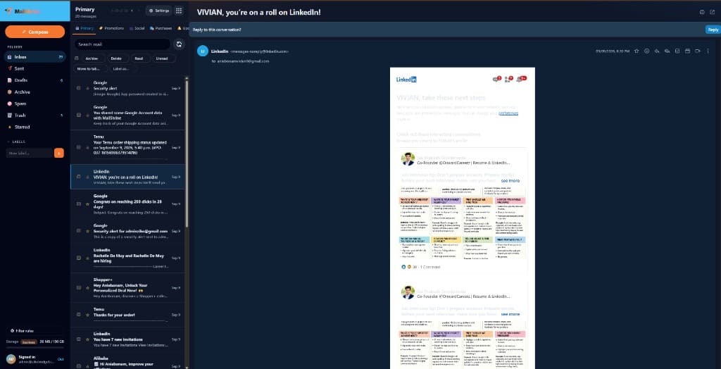 MailShrine webmail inbox with folders, thread list, and message pane