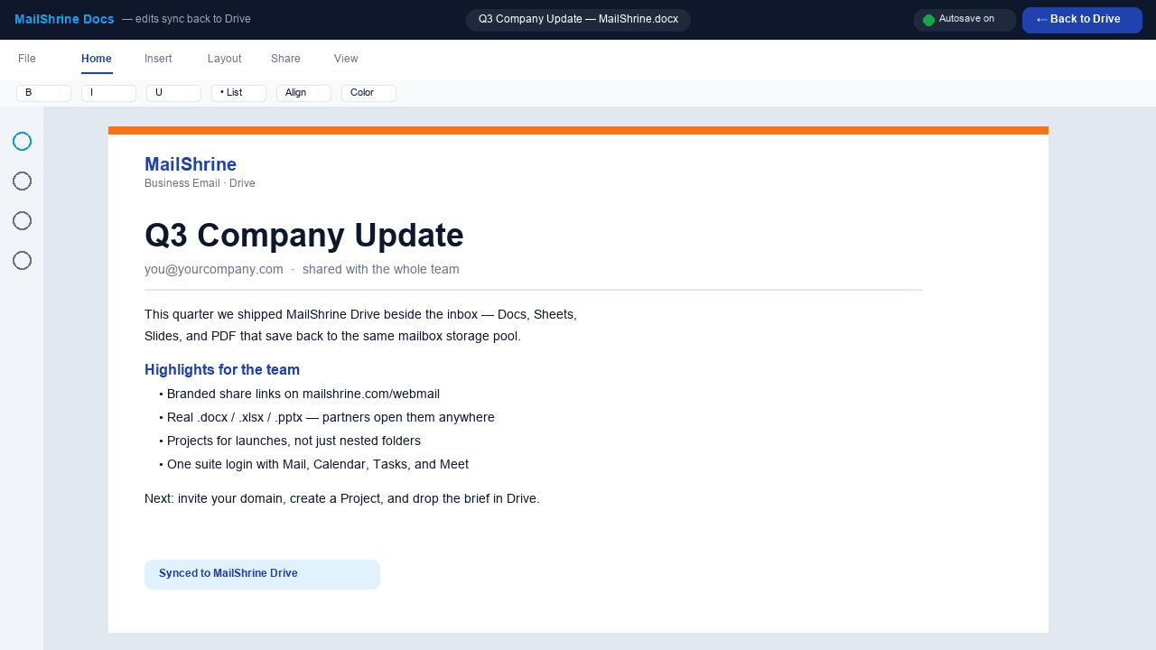 MailShrine Docs editing a Word document with edits syncing back to Drive
