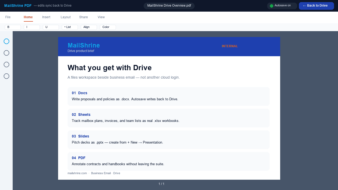 MailShrine PDF editor with annotate tools and Back to Drive