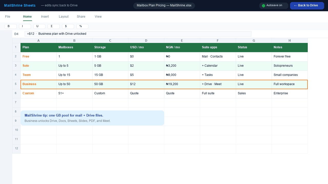 MailShrine Sheets editing an Excel spreadsheet with Back to Drive