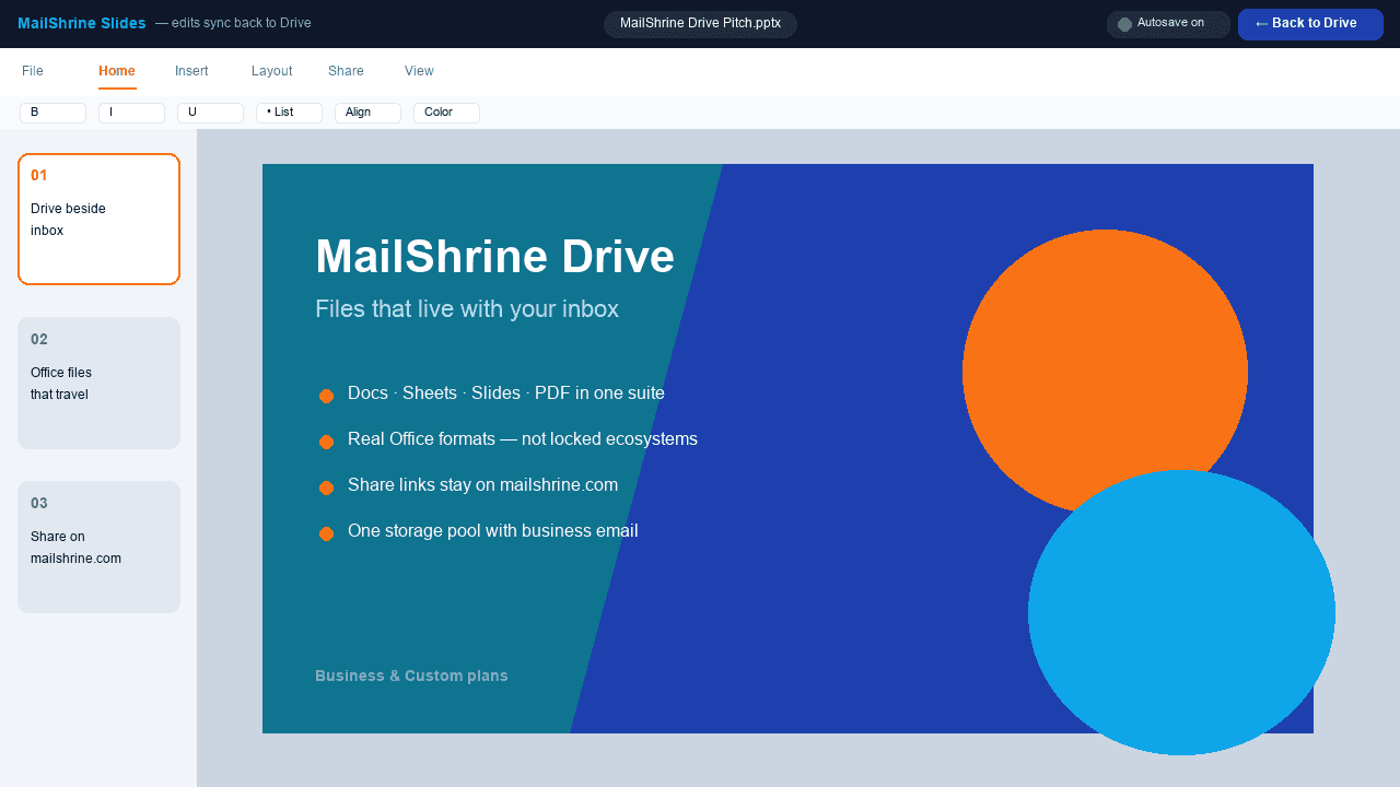 MailShrine Slides editing a presentation deck