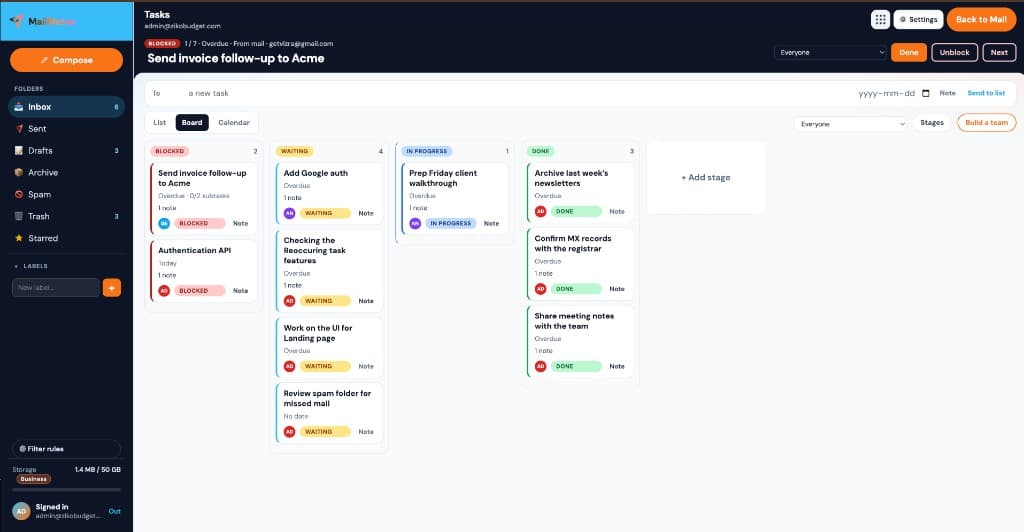 MailShrine Tasks board with stages, assignees, and cards beside the inbox