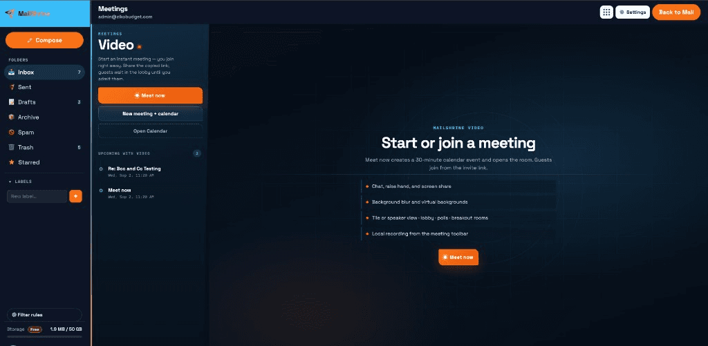 MailShrine Meetings hub inside webmail with Meet now