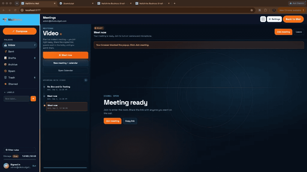 MailShrine meeting ready screen before joining the room