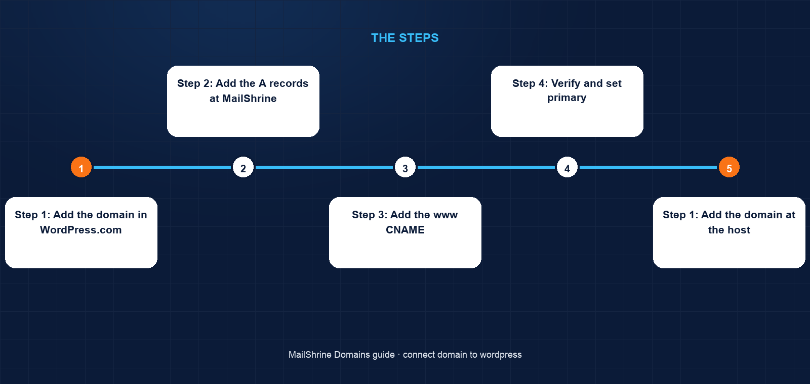 Two paths: a domain pointing at WordPress.com's A records, or at a self-hosted server, with MX records staying at MailShrine in both