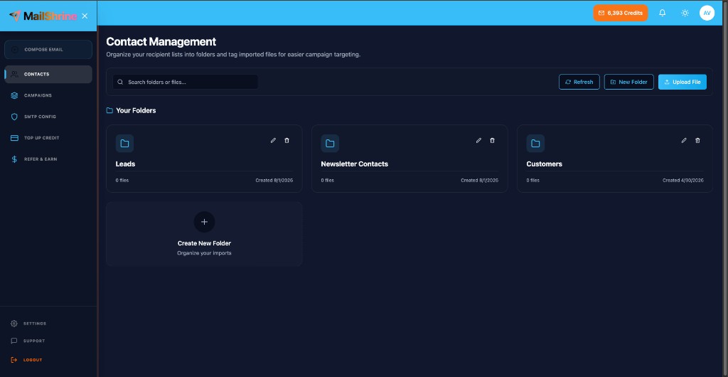 MailShrine Contact Management — folders, search, new folder, and upload file
