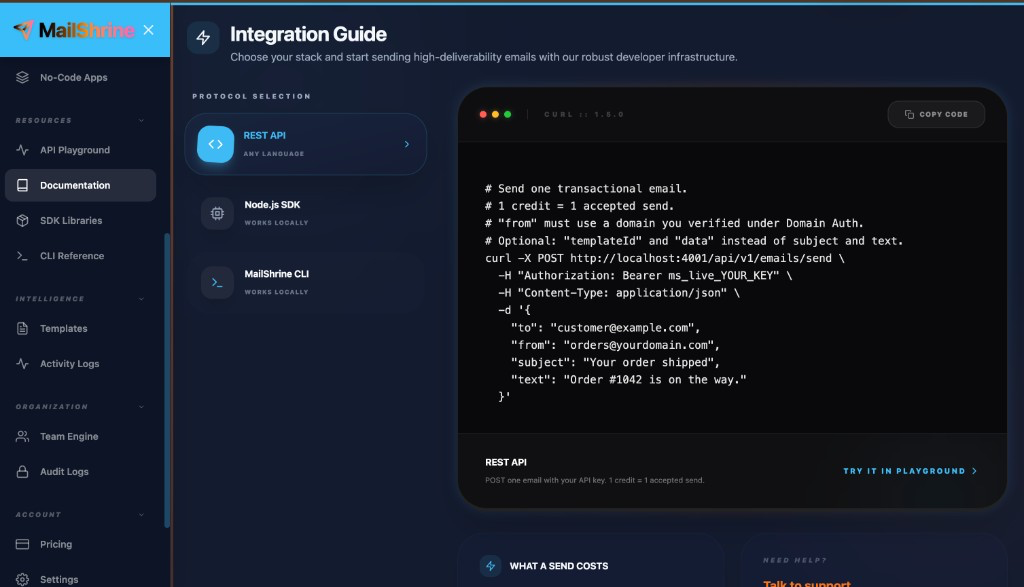 Integration Guide with REST send curl example