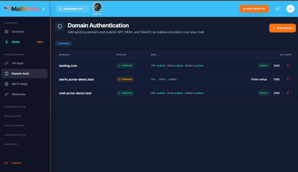 Domain Authentication with verified and pending domains