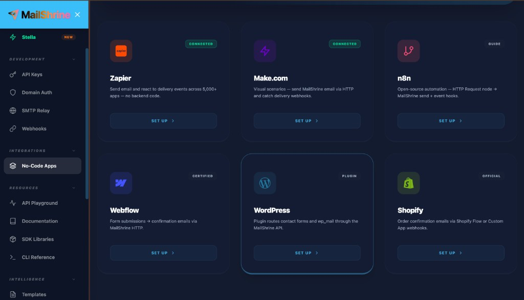 No-Code Apps integrations grid for MailShrine Developer API