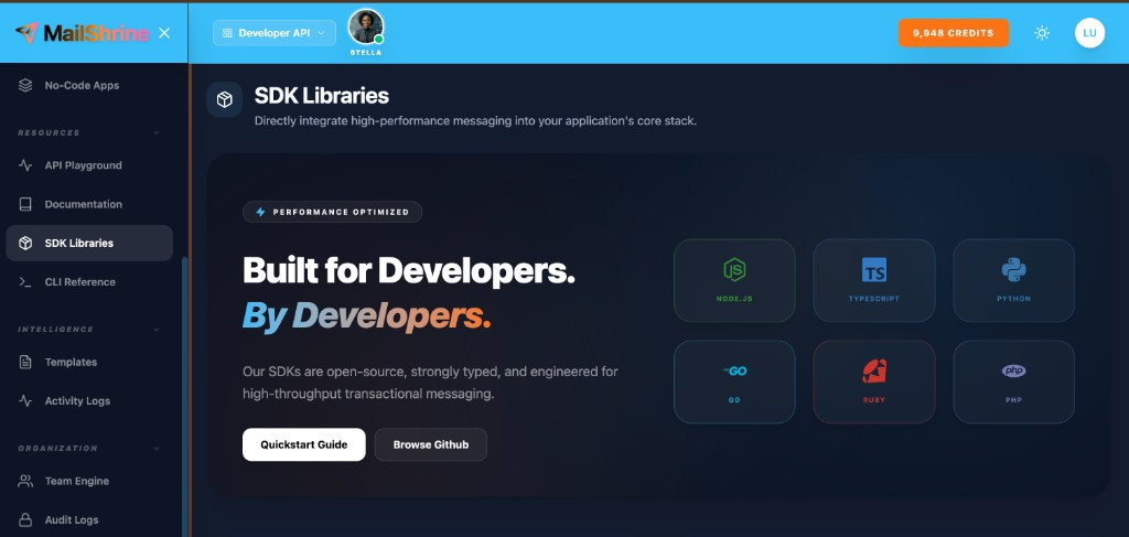 SDK Libraries page with Node TypeScript Python Go Ruby PHP