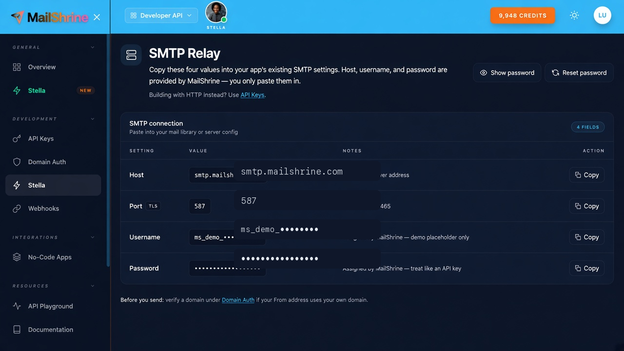 SMTP Relay connection settings with demo credentials