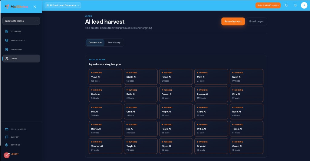 AI Email Lead Generator harvest — 25 named AI agents running with live lead counts, Pause harvest, and Email target
