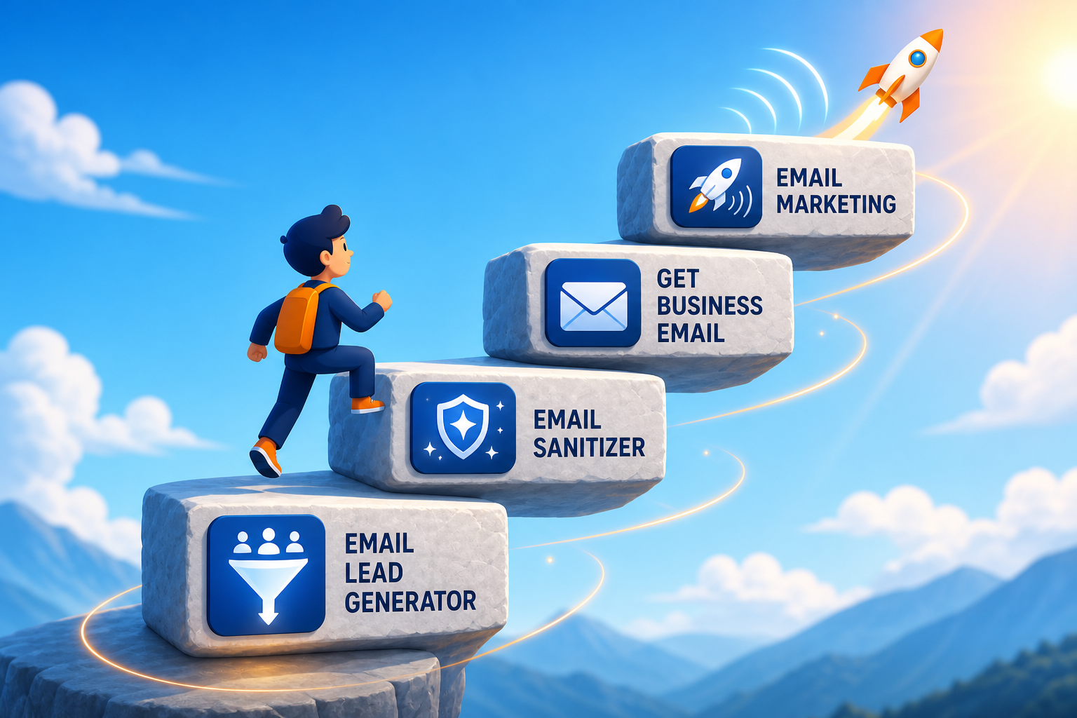 Illustration of climbing four MailShrine suite steps: Email Lead Generator, Email Sanitizer, Get Business Email, Email Marketing