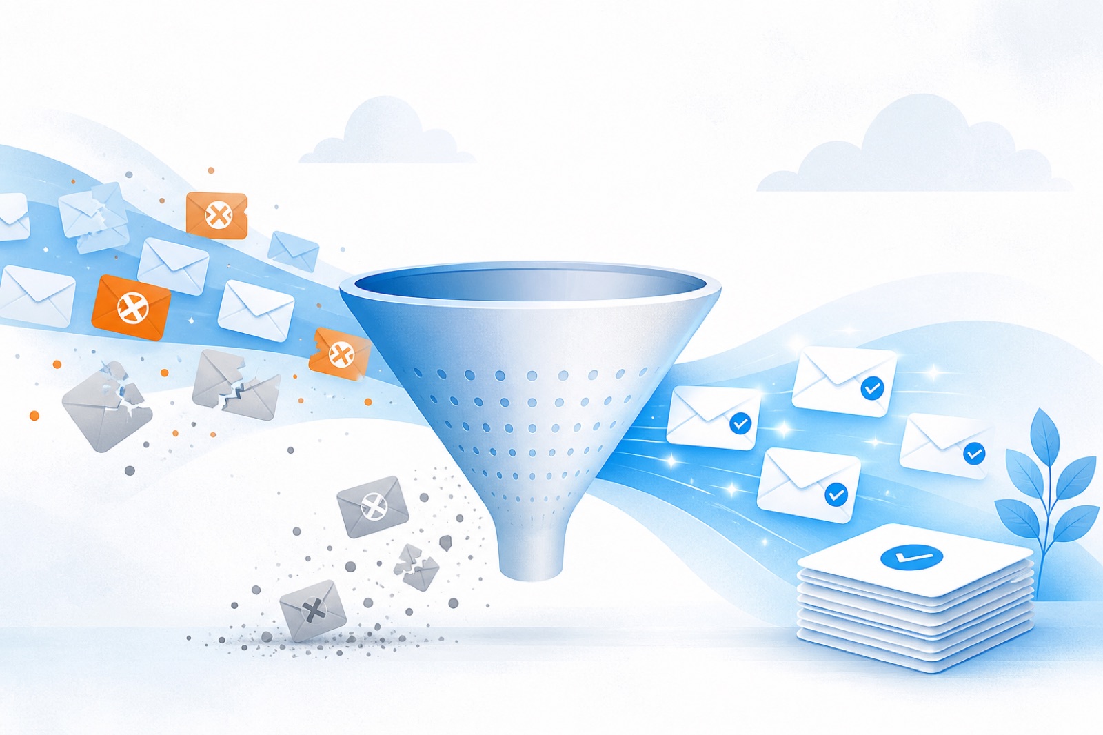 Illustration of email list filtering — bad addresses removed, clean emails ready to send