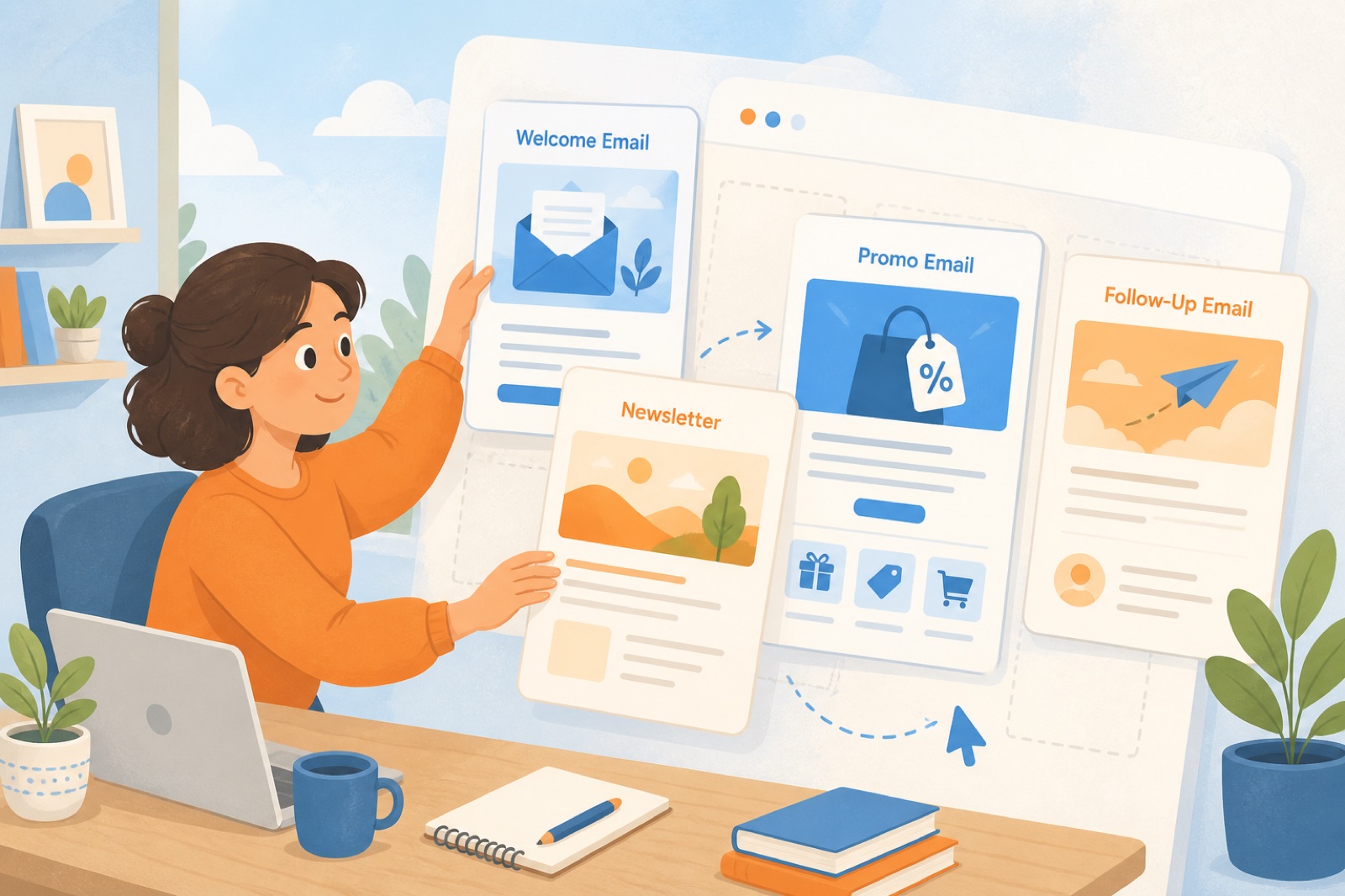 Cartoon of someone choosing from a stack of ready email templates