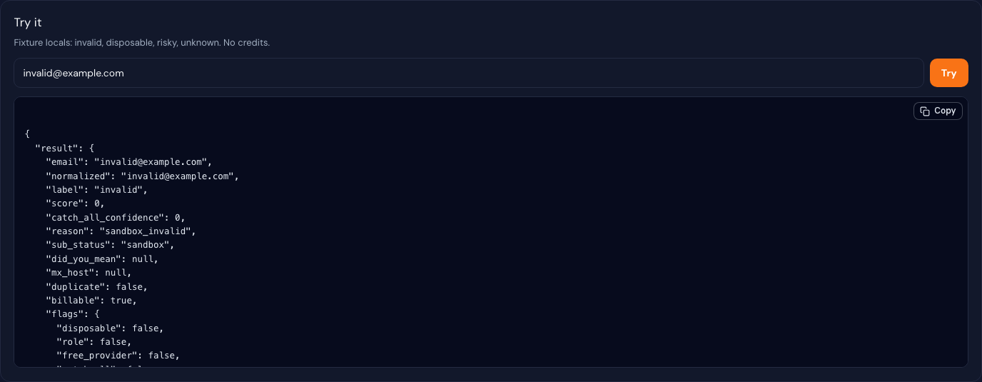 API try-it sandbox with an email field, Try button, and a sandbox response