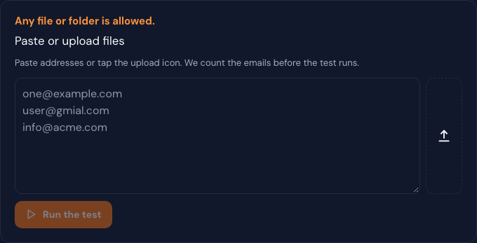 Sanitize jobs paste box with an upload control and a Run the test button