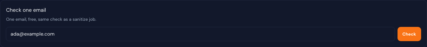 Overview check-one-email field with a Check button