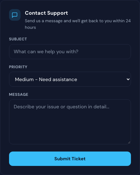 Contact Support form with subject, priority, message, and Submit Ticket