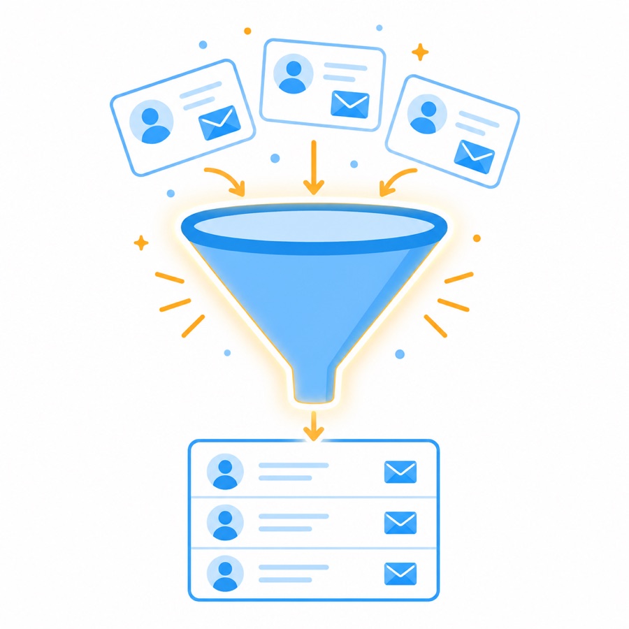 Cartoon funnel collecting lead emails